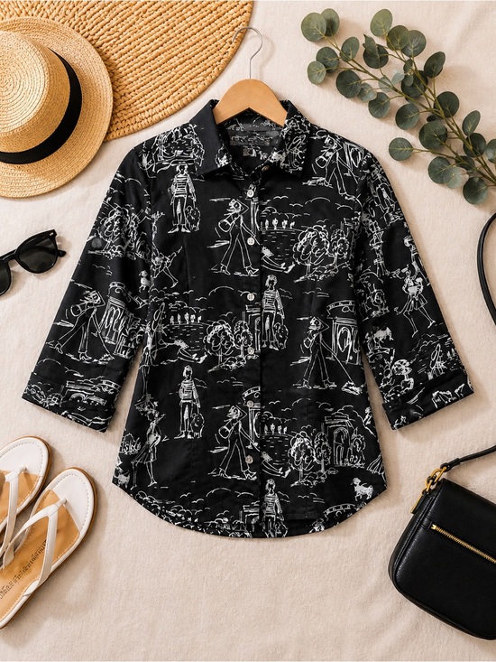 Stonebridge Tops - 🇺🇸 Stonebridge Black White Scenic Print Blouse Size 8 3/4 Sleeve Resort Top
